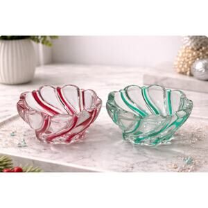 Vintage Handblown Swirl Glass Bowls Red & Teal Art Glass Set of 2